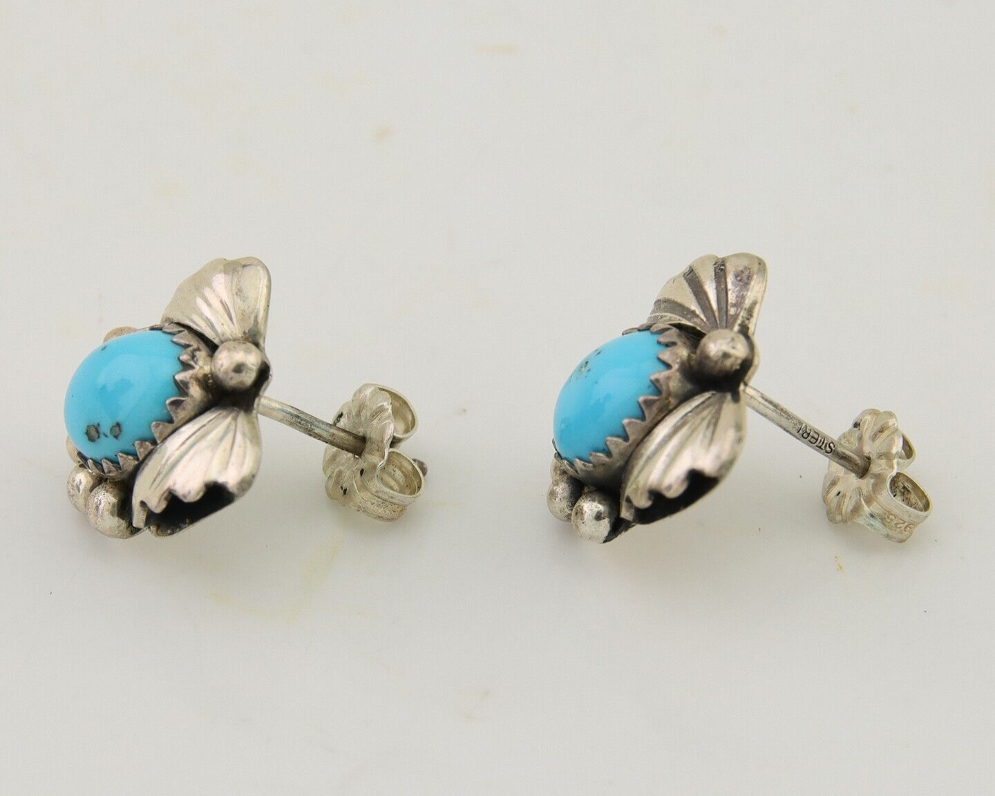 Navajo Handmade Earrings 925 Silver Blue Turquoise Artist Signed BJ C.80s