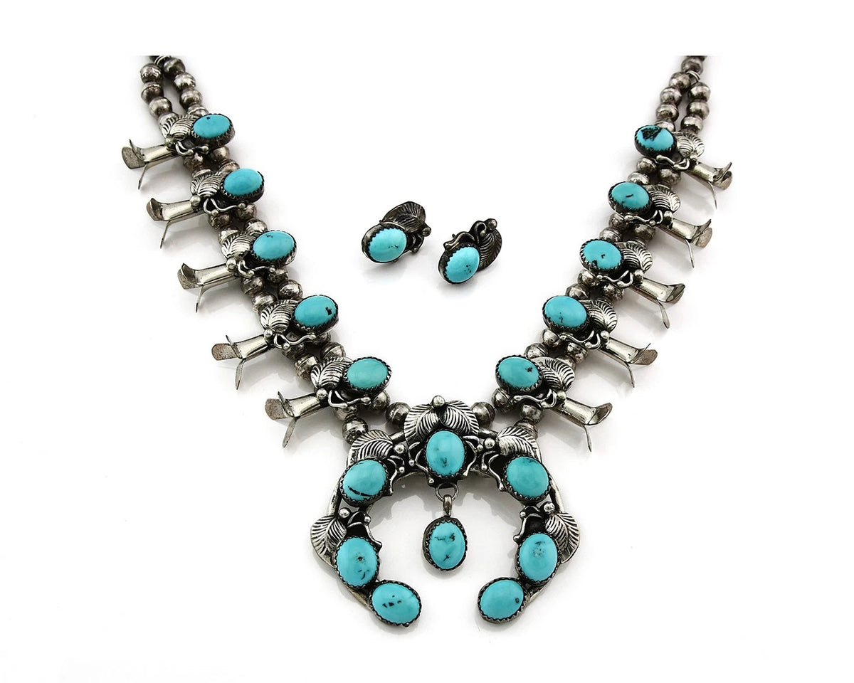 Navajo Squash Necklace Earring Set Sterling Silver Turquoise Vintage C.80's