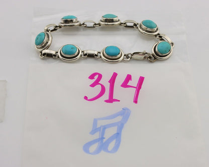 Navajo Link Bracelet 925 Silver Kingman Turquoise Native American Artist C.80's