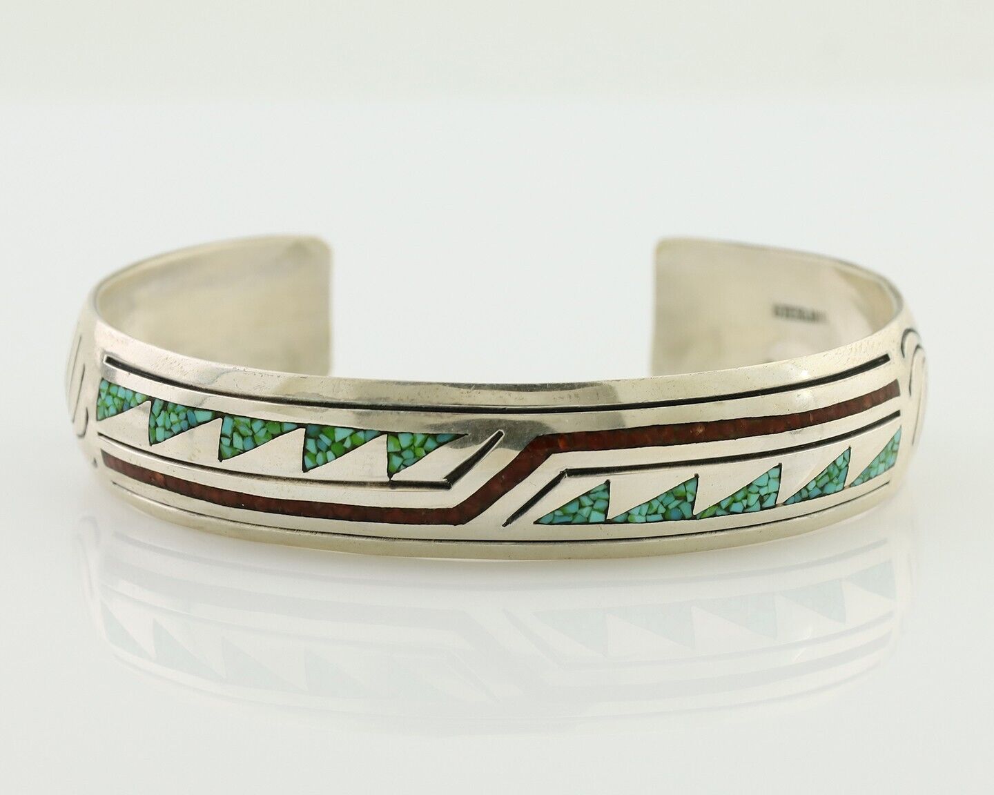 Navajo Inlay Bracelet 925 Silver Turquoise & Coral Signed Stanely Bain C.80's