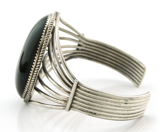 Navajo Cuff Bracelet Sterling Silver Black Onyx Handmade Vintage