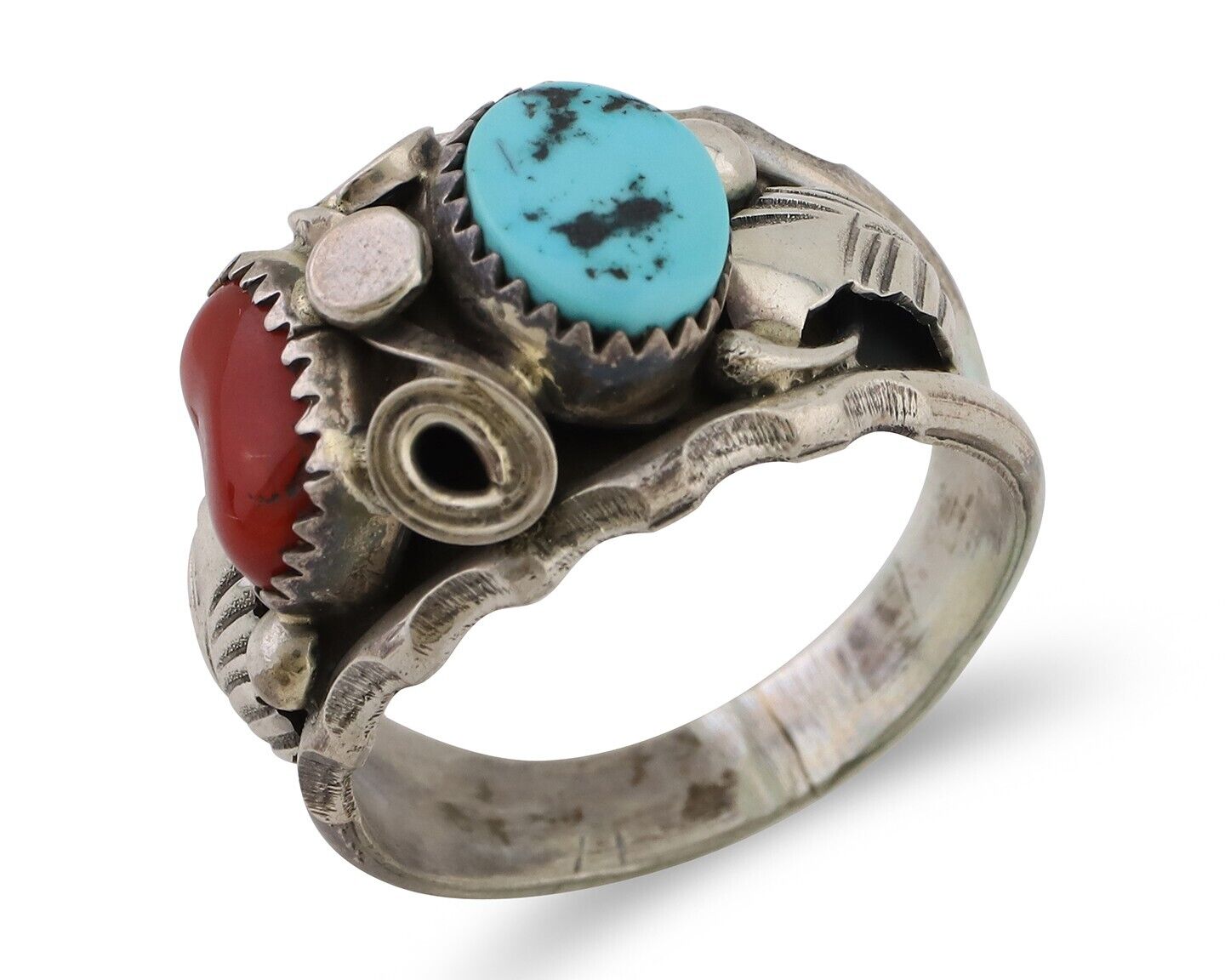 Navajo Ring 925 Silver Coral Turquoise Artist Signed Max Calabaza C.80's