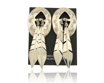 Navajo Feather Earrings 925 Silver Dangle Artist Signed DISHTA C.80's