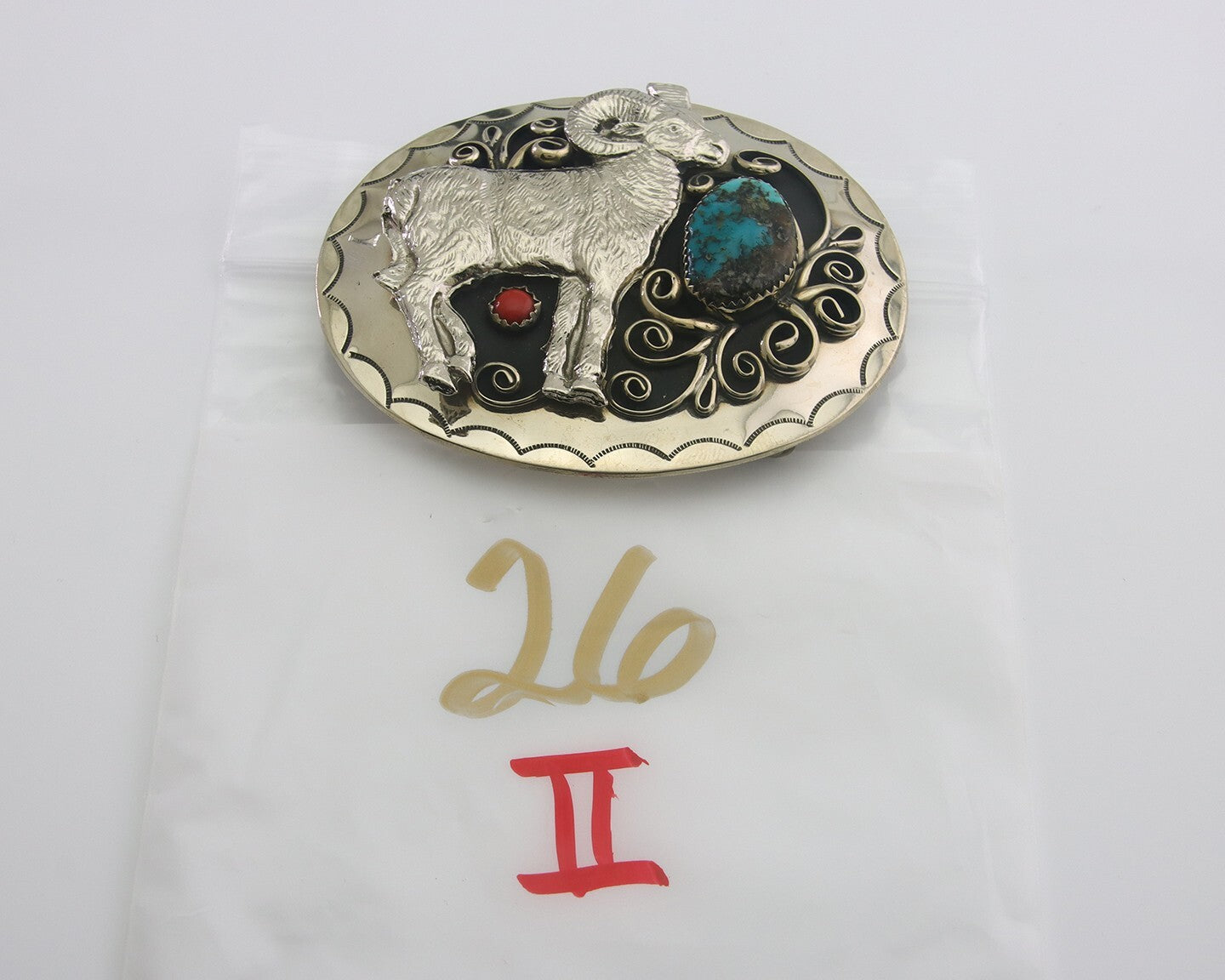 Navajo Belt Buckle .999 Nickel Buffalo Gemstone Signed 2.35 x 3.0 in C.80's