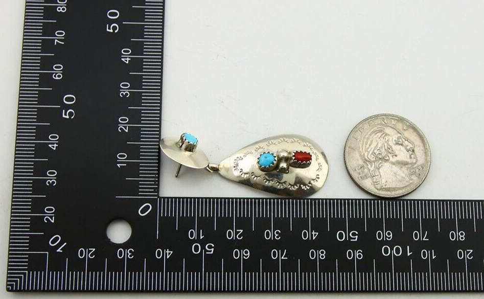 Navajo Earrings 925 Silver Turquoise & Coral Artist Signed Leeann Lee C.80's