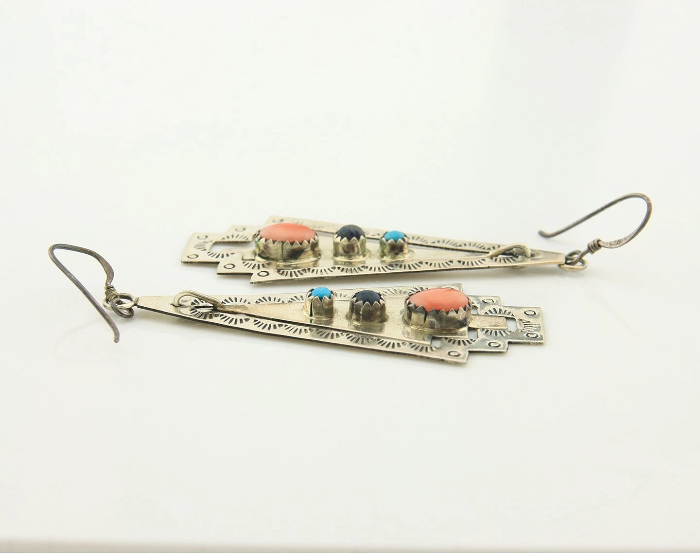 Navajo Dangle Earrings Sterling Silver Natural Gemstones Vintage Signed JWK
