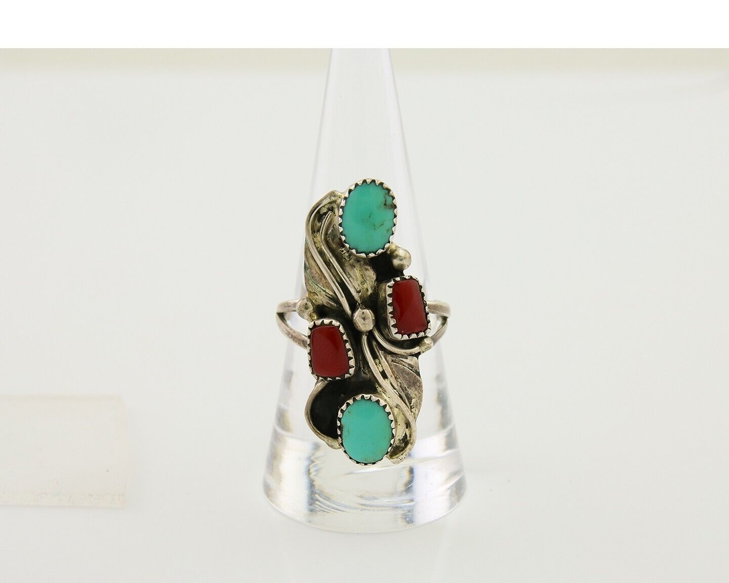 Navajo Handmade Ring 925 Silver Coral & Turquoise Native Artist C.80's
