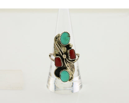 Navajo Handmade Ring 925 Silver Coral & Turquoise Native Artist C.80's