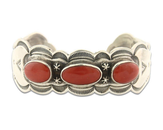Vintage Navajo Bracelet 925 Silver Red Coral handmade Signed Austin Garcia