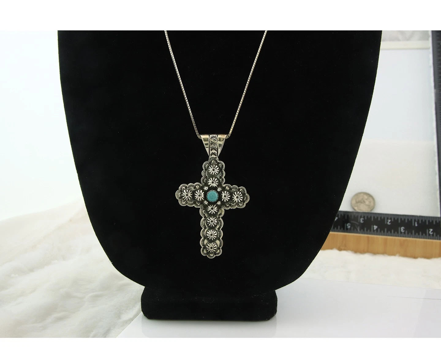 Navajo Cross Necklace Sterling Silver Natural Turquoise Artist Signed 1994