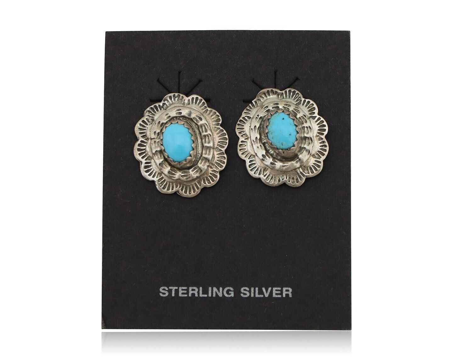 Navajo Earrings 925 Silver Natural Blue Turquoise Native American Artist C.80s