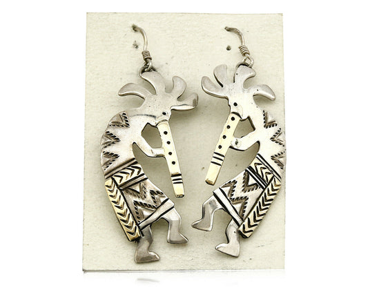 Navajo Dangle Earrings .925 Silver & 14k Solid Yellow Gold Kokopelli Signed RT