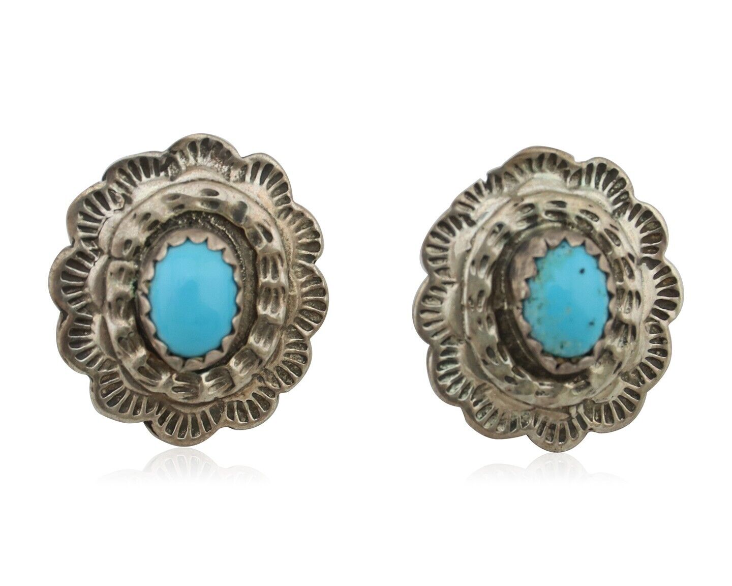 Navajo Earrings 925 Silver Natural Blue Turquoise Native American Artist C.80s