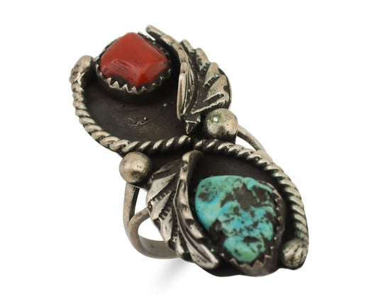 Vintage Handmade Navajo Ring Turquoise & Coral 925 Silver Size 6.75 C.80's