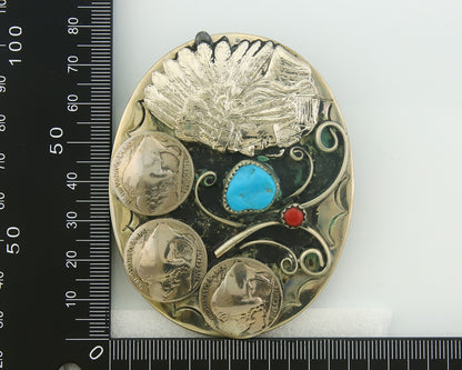 Navajo Belt Buckle .999 Nickel Buffalo Gemstone Signed Squaw Wray 2.5x3.0 in C80