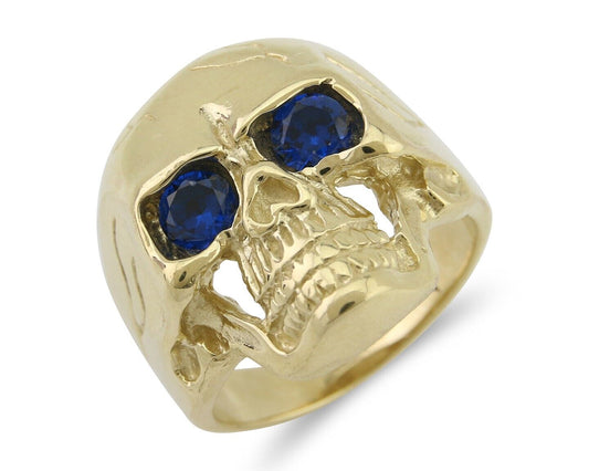 Men 14k SOLID Gold Skull Ring Silica Blue Sapphire Eyes Size 11