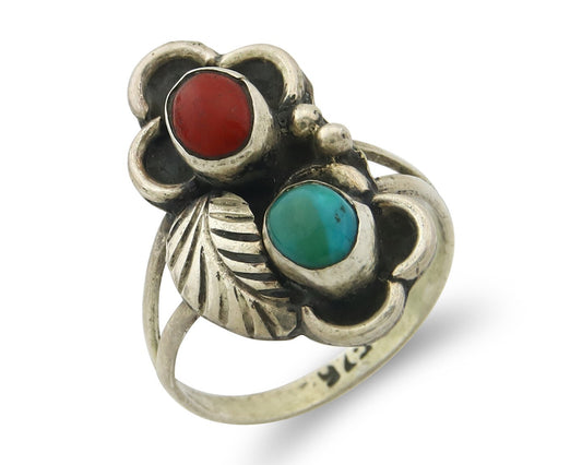 Vintage Navajo Ring 925 Sterling Silver Authentic Turquoise & Coral Size 5.75