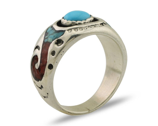Navajo Ring 925 Silver Turquoise & Coral Natural American Artist C.80's
