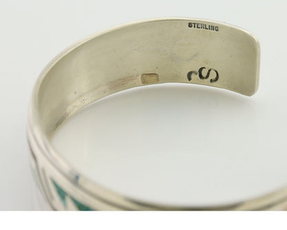 Navajo Inlay Bracelet 925 Silver Turquoise & Coral Signed Stanely Bain C.80's