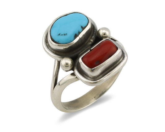 Navajo Ring 925 Silver SB Turquoise & Red Coral Native American Artist C.80s