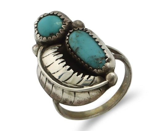 Navajo 2 Stone Ring 925 Silver Kingman Turquoise Native American Artist C.80's