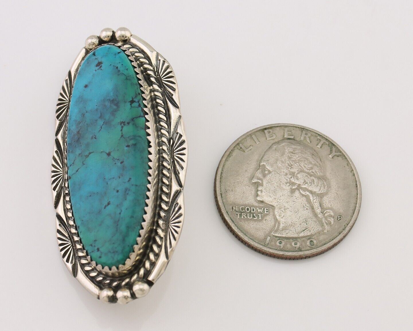 Navajo Pin Pendant 925 Silver Turquoise Hand Stamped Artist Signed D C.80's