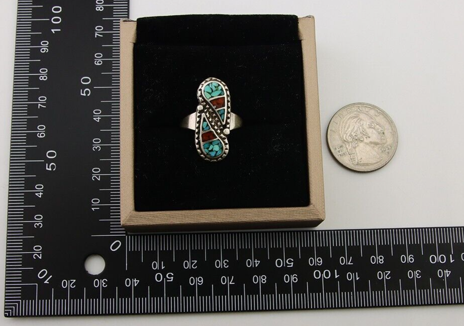 Navajo Ring 925 Silver Chip Inlay Turquoise & Coral Native Artist C.80's