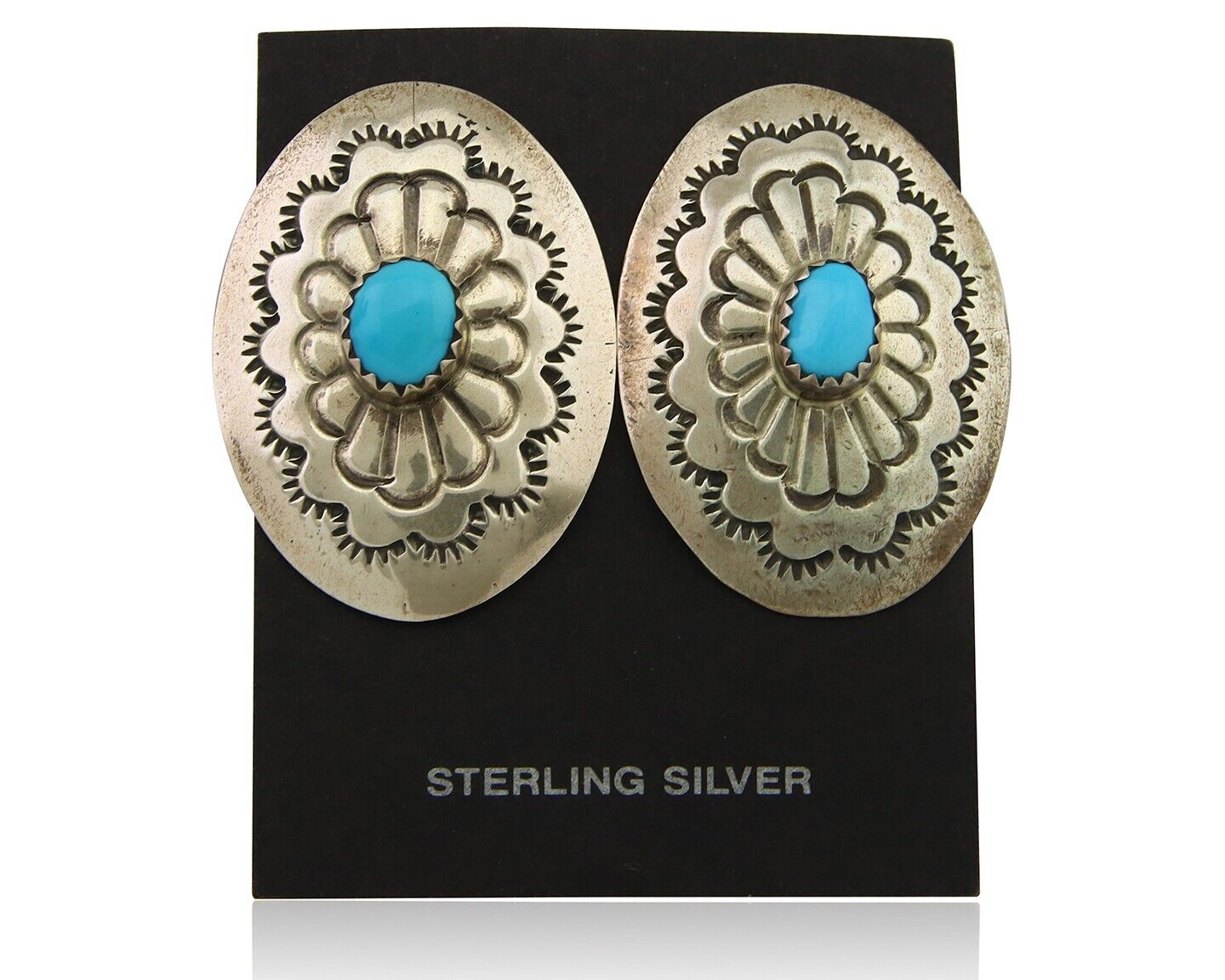 Navajo Earrings 925 Silver Concho Hand Stamped Turquoise Native Artist C.80's