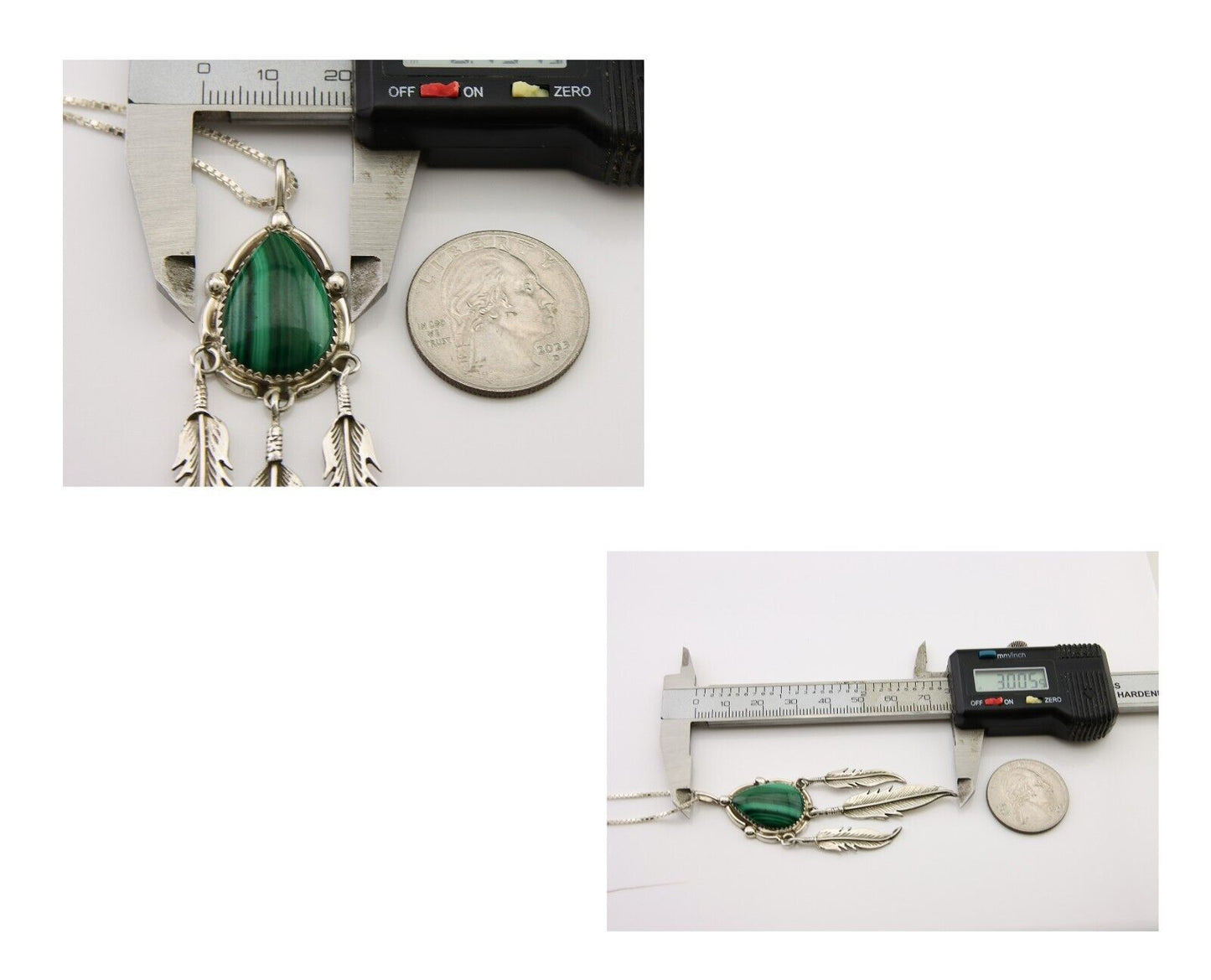 Large Navajo Pendant 925 Silver Natural Malachite Native American Artist C.80's