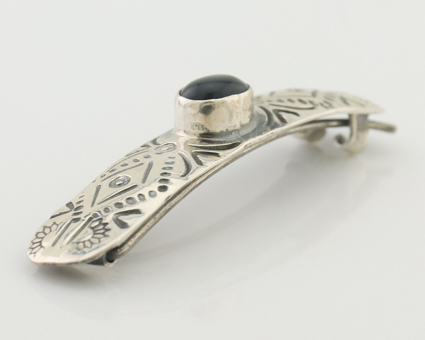 Women Navajo Barrette 925 Silver Hand Stamped Onyx Signed Native Artist C.80's