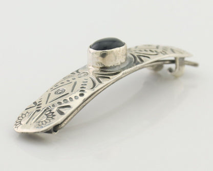 Women Navajo Barrette 925 Silver Hand Stamped Onyx Signed Native Artist C.80's