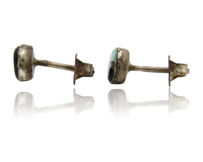 Navajo Earrings 925 Silver Inlaid Natural Onyx & Turquoise Native American C.80s