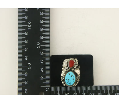Navajo Ring 925 Sterling Natural Coral & Turquoise Signed JM C.80's Size 9.0