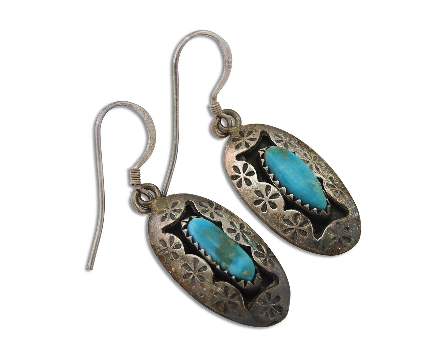 Navajo Dangle Earrings 925 Silver Natural Turquoise Native American Artist C80s