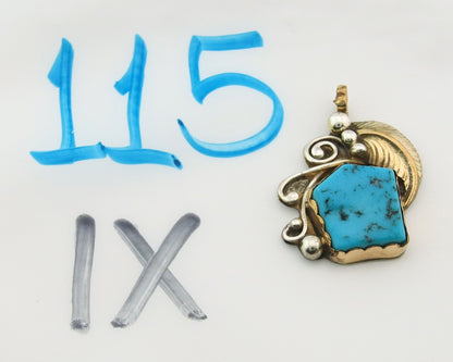 Navajo Pendant Sterling Silver & Gold Natural Blue Turquoise Signed Virgnina C