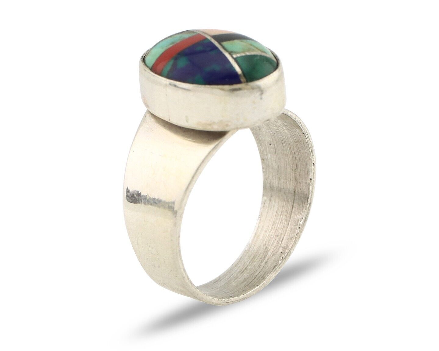 Zuni Inlaid Ring 925 Silver Mixed Natural Gemstones Native American Artist C.80s