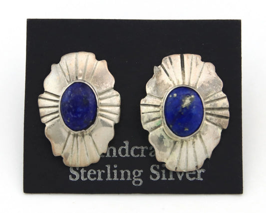 Navajo Concho Earrings Sterling Silver Natural Lapis Vintage Handmade