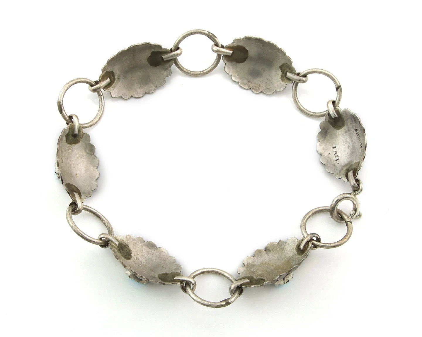 Navajo Concho Bracelet Sterling Silver Turquoise Hand Stamped Signed A.J.