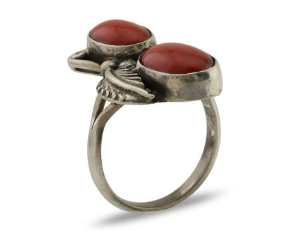 Navajo Ring 925 Silver Natural Mediterranean Coral Artist Signed A C.80's