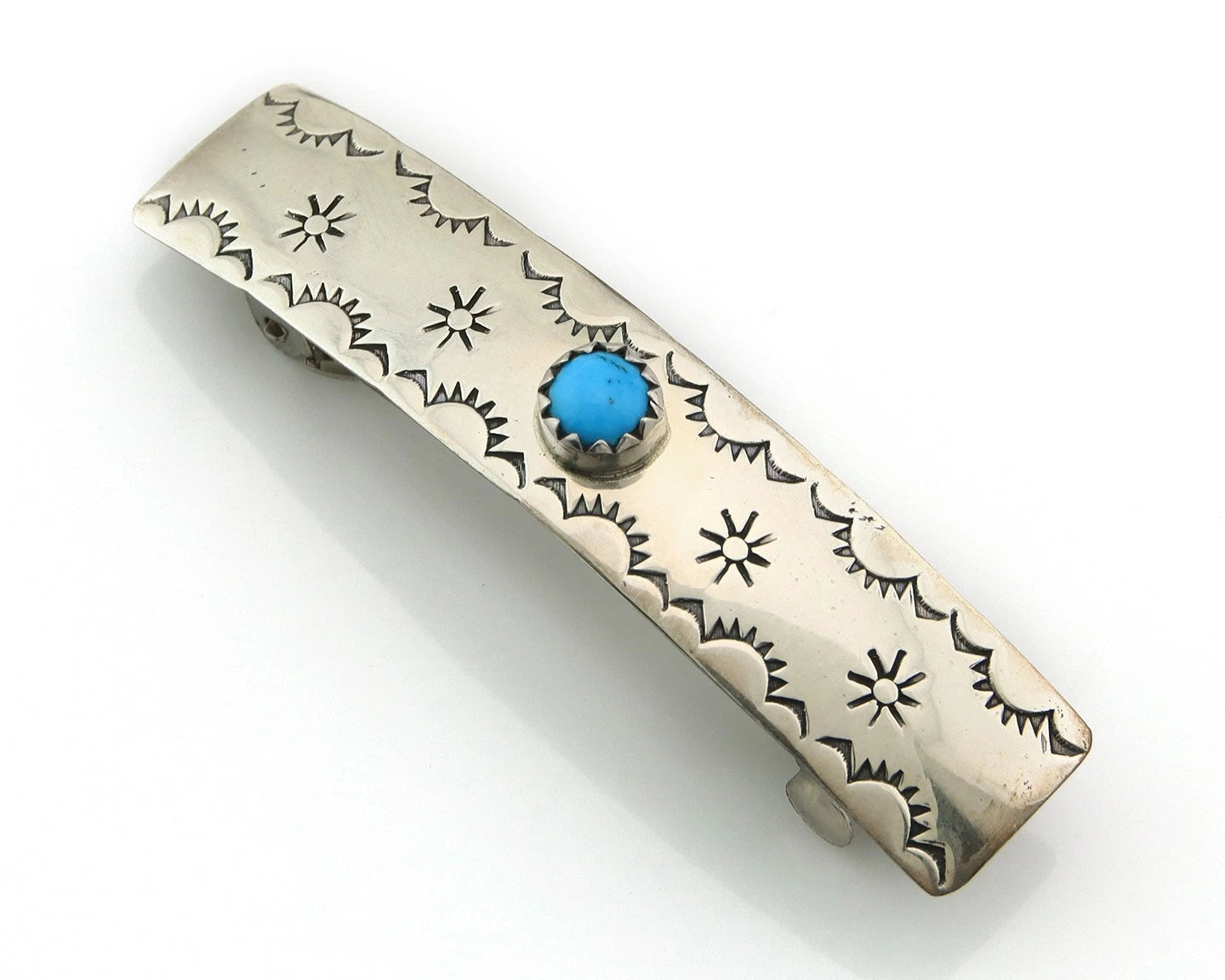 Navajo Barrette Sterling Silver Turquoise Hand Stamped Vintage Native Artist