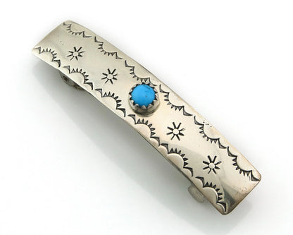 Navajo Barrette Sterling Silver Turquoise Hand Stamped Vintage Native Artist