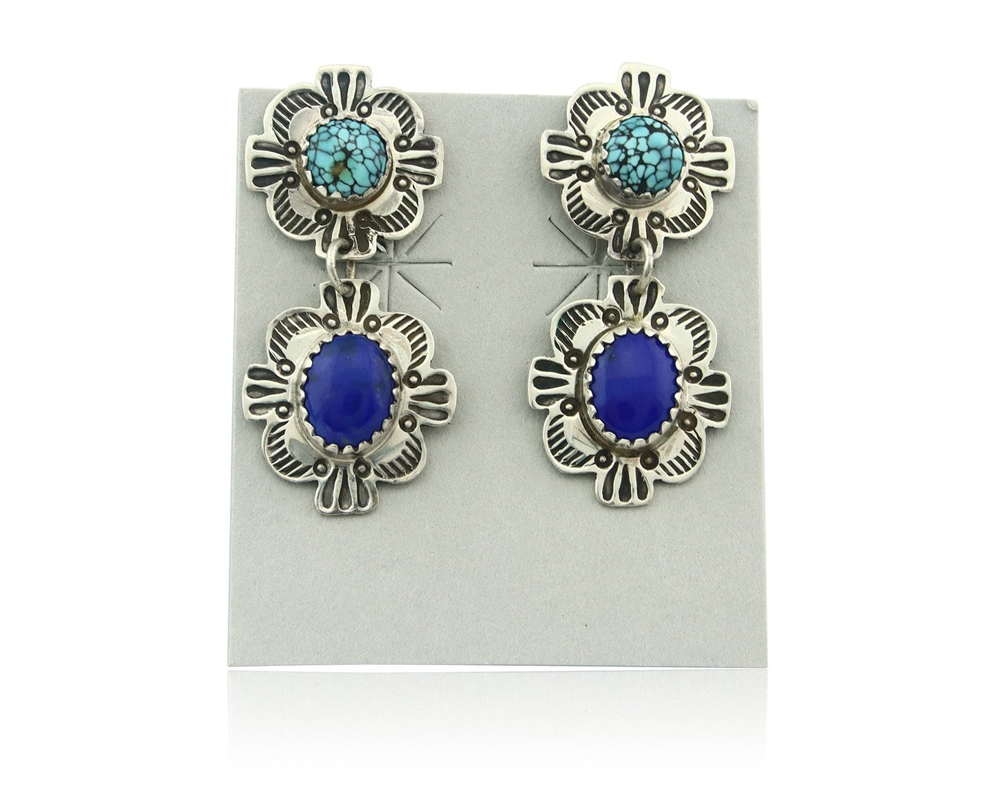 Navajo Earrings Sterling Silver Lapis & Truquoise Vintage Signed Mary Ellen