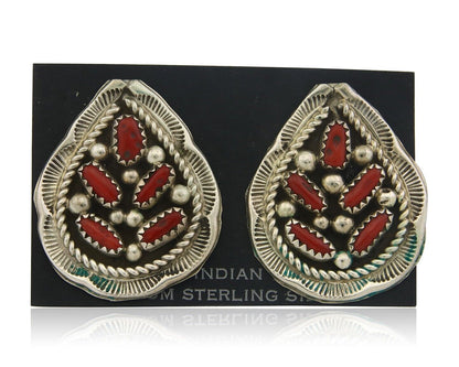Navajo Earrings 925 Silver Natural Coral Native American Artist C.80's