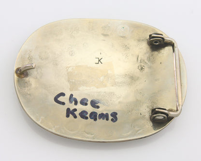 Navajo Belt Buckle .999 Nickel Buffalo Gemstone Signed Chee Keams 2.25x3.0 C.80s