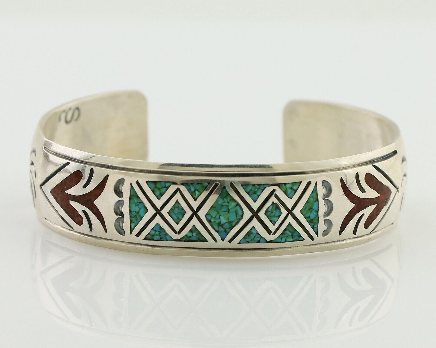 Navajo Inlay Bracelet 925 Silver Turquoise & Coral Signed Stanely Bain C.80's
