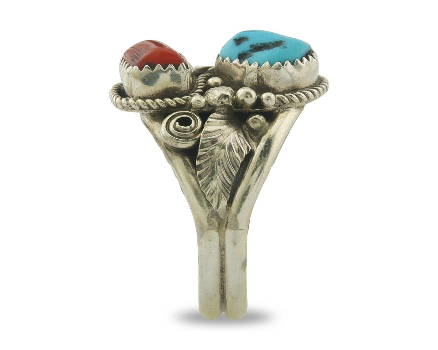 Men Navajo Ring 925 Sterling Natural Coral & Turquoise Signed JM C.80's Size 13