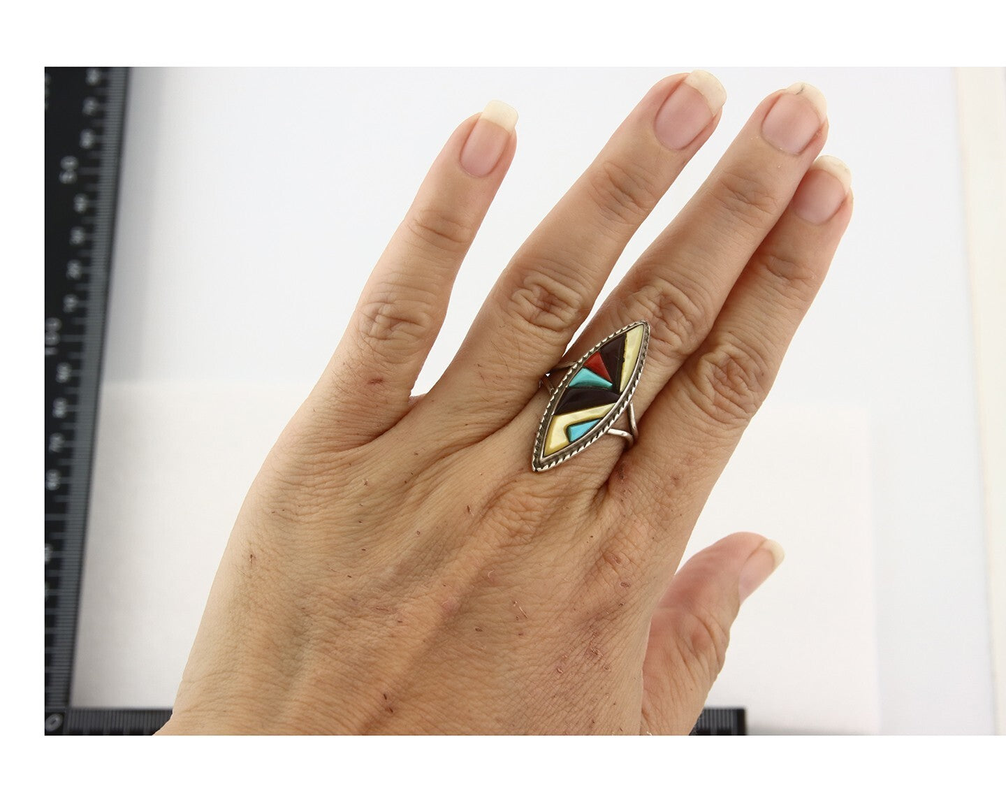Vintage Zuni Ring 925 Sterling Silver Natural Gemstone Signed R & GT Size 7.5