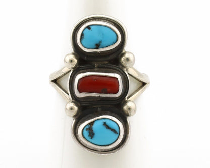 Navajo Ring 925 Silver Sleeping B Turquoise & Coral Native American Artist C.80s