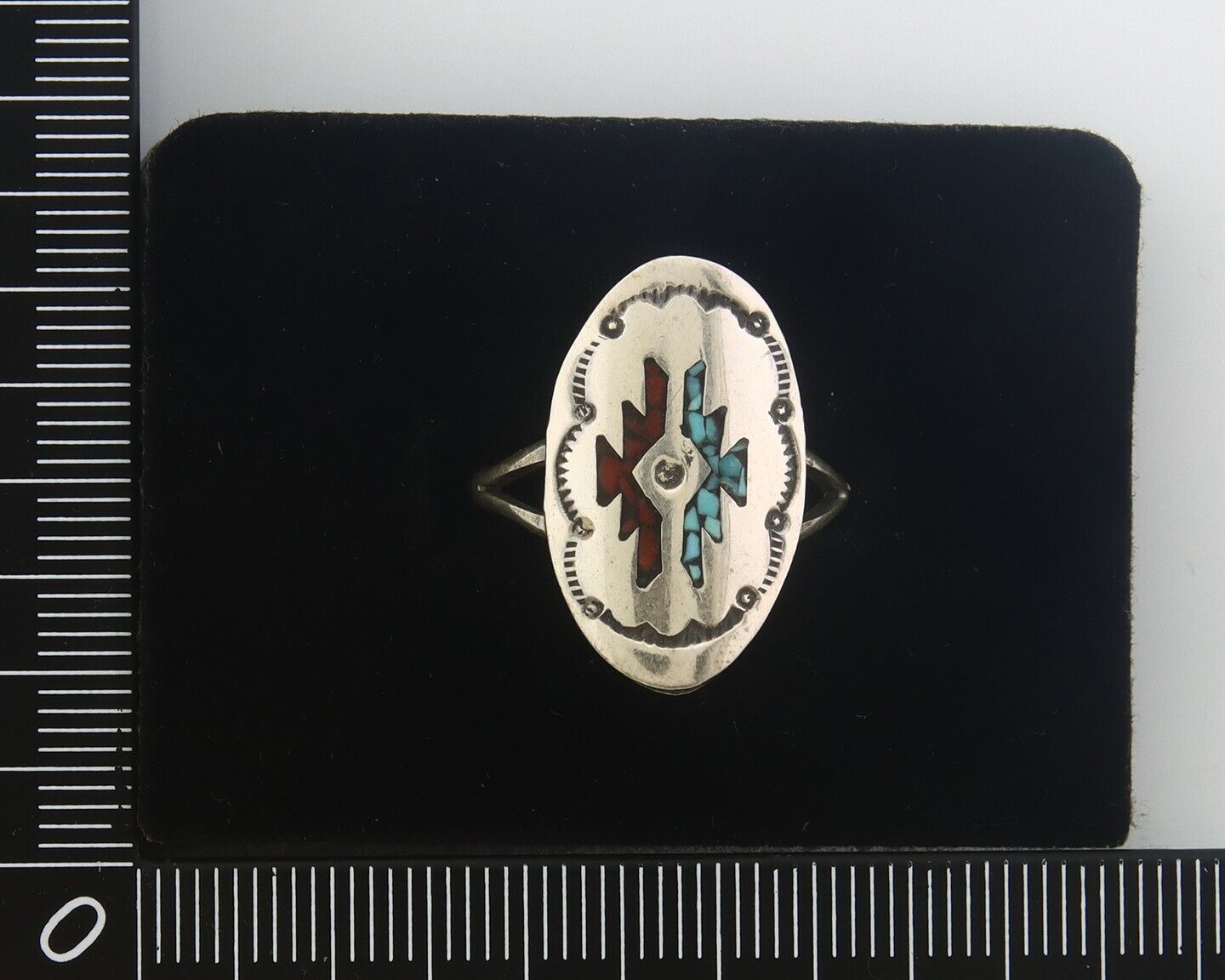 Navajo Ring 925 Sterling Natural Chip Inlay Coral & Turquoise C.80's Size 7.5