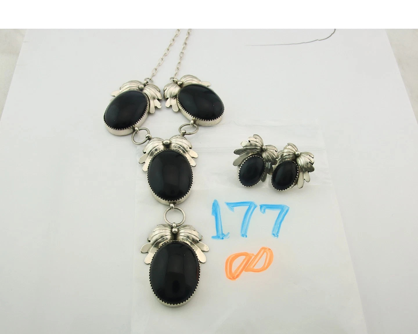 Navajo Necklace Earring Set Sterling Silver Onyx Vintage Signed NS